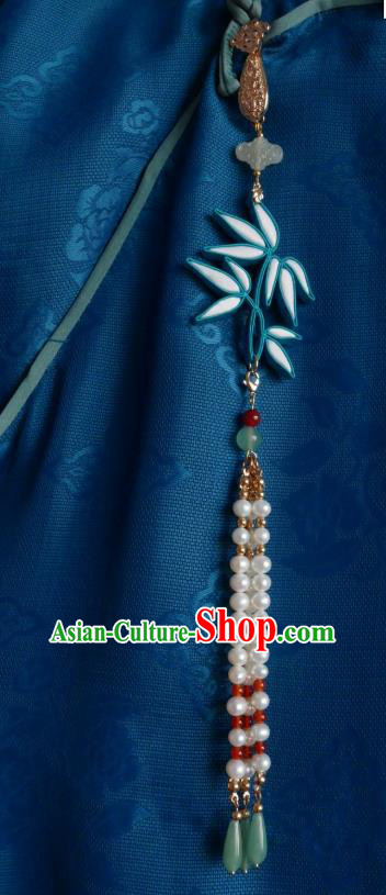 Chinese Classical Cheongsam Jade Silk Bamboo Leaf Brooch Traditional Hanfu Accessories Handmade Pearls Tassel Breastpin Pendant for Women