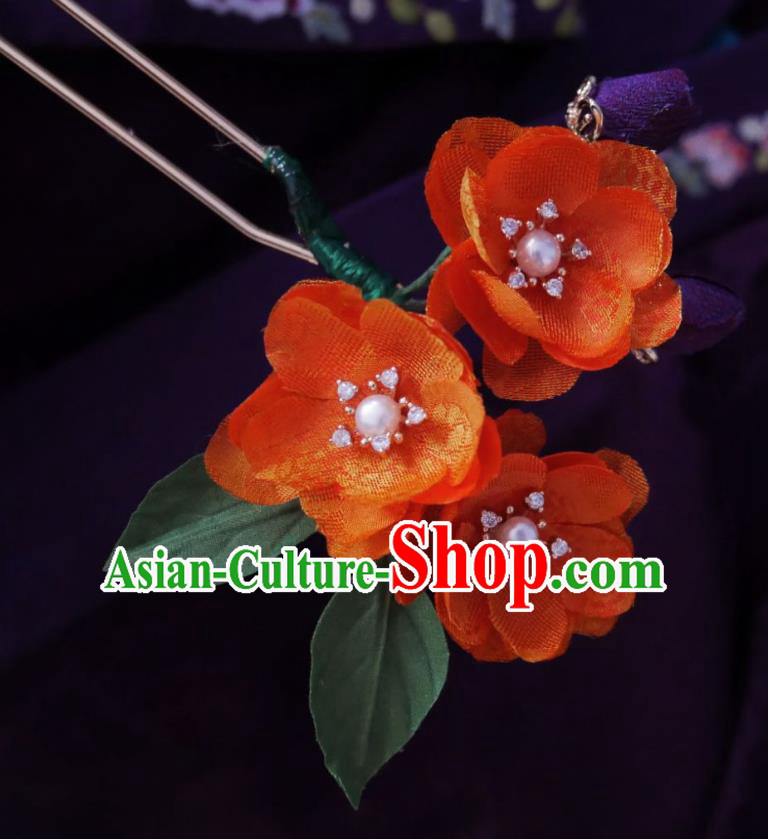 Handmade Chinese Orange Silk Begonia Hairpins Traditional Hanfu Hair Accessories Hair Clip for Women