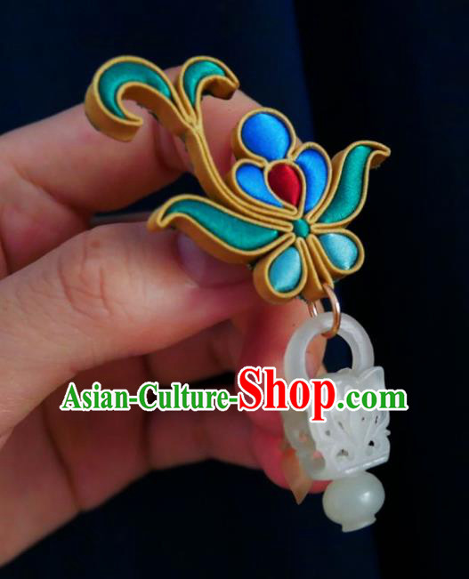 Chinese Classical Cheongsam Silk Butterfly Brooch Traditional Hanfu Accessories Handmade Breastpin White Jade Tassel Pendant for Women