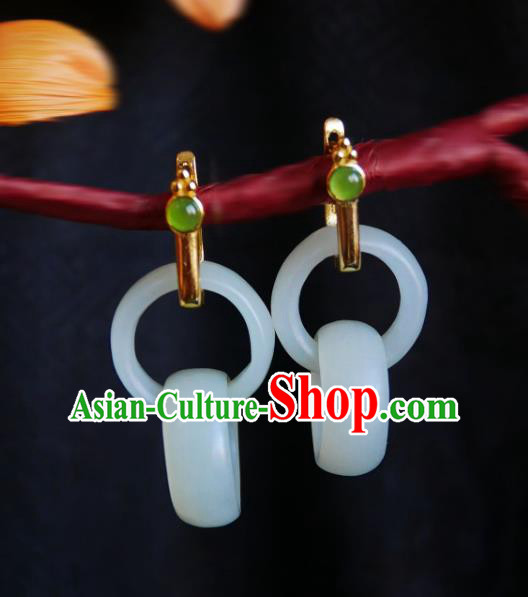 Chinese Handmade Jade Rings Earrings Traditional Hanfu Ear Jewelry Accessories Ancient Princess Eardrop for Women