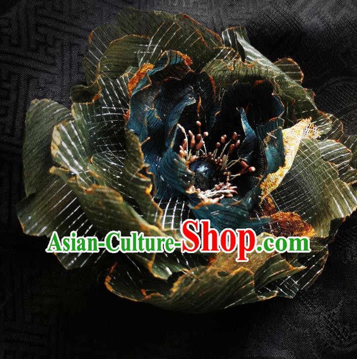 Handmade Chinese Dark Green Silk Peony Hairpins Traditional Hanfu Hair Accessories Ancient Tang Dynasty Court Hair Clip for Women