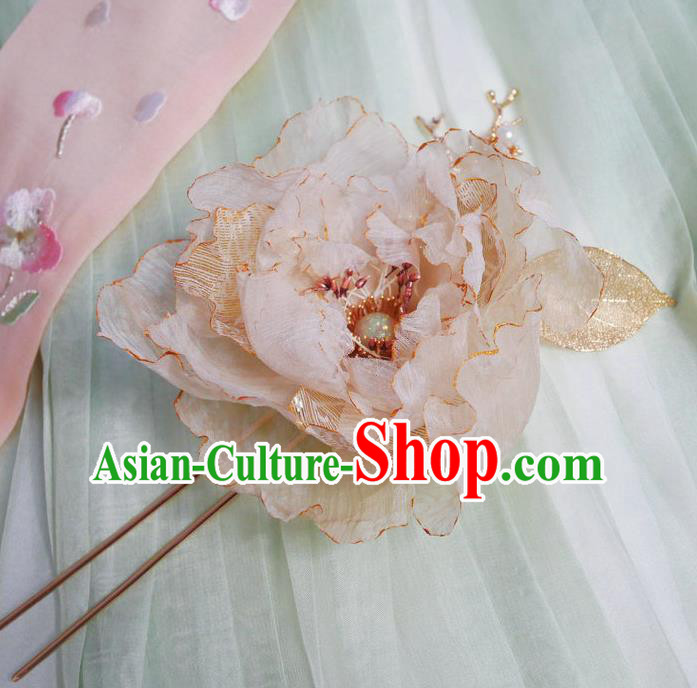 Handmade Chinese Beige Silk Peony Hairpins Traditional Hanfu Hair Accessories Ancient Tang Dynasty Court Hair Clip for Women