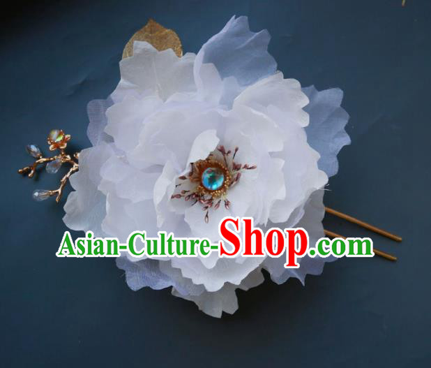 Handmade Chinese White Silk Peony Hairpins Traditional Hanfu Hair Accessories Ancient Tang Dynasty Court Hair Clip for Women