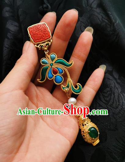 Chinese Classical Cheongsam Green Silk Iris Brooch Traditional Hanfu Accessories Handmade Breastpin Seal Tassel Pendant for Women