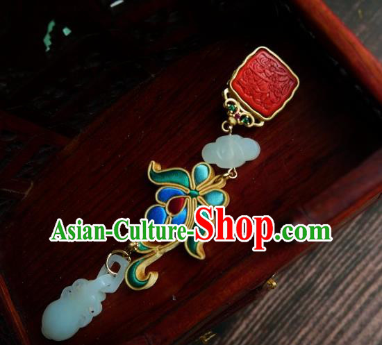 Chinese Classical Cheongsam Silk Iris Seal Brooch Traditional Hanfu Accessories Handmade Breastpin Jade Flagon Tassel Pendant for Women