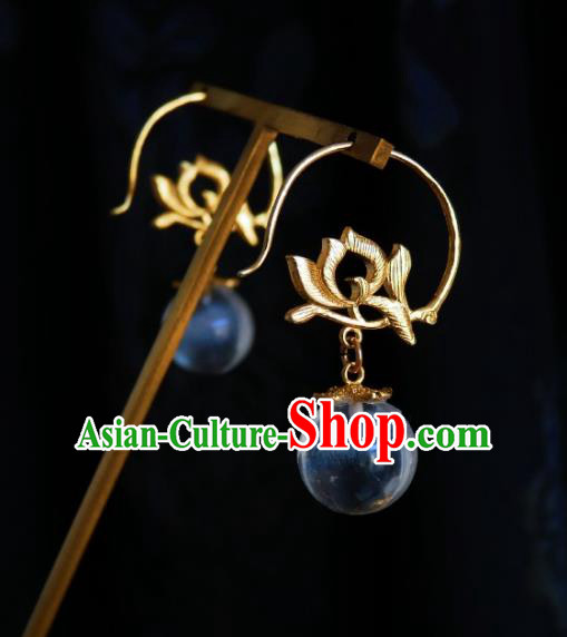 Chinese Handmade Golden Lotus Earrings Traditional Hanfu Ear Jewelry Accessories Ancient Princess Eardrop for Women