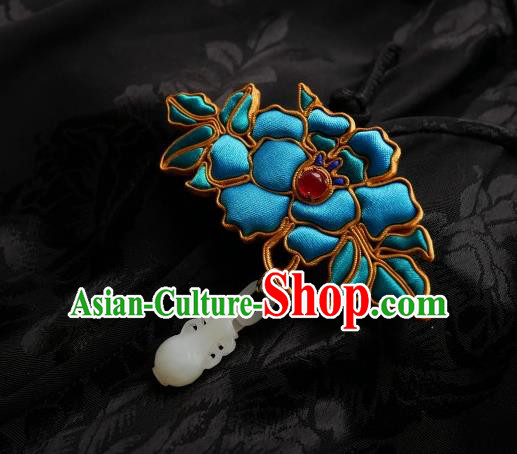 Chinese Classical Cheongsam Blue Silk Peony Brooch Traditional Hanfu Accessories Handmade Jade Vase Breastpin Pendant for Women