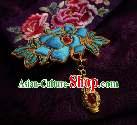 Chinese Classical Cheongsam Blue Silk Peony Brooch Traditional Hanfu Accessories Handmade Golden Vase Breastpin Pendant for Women