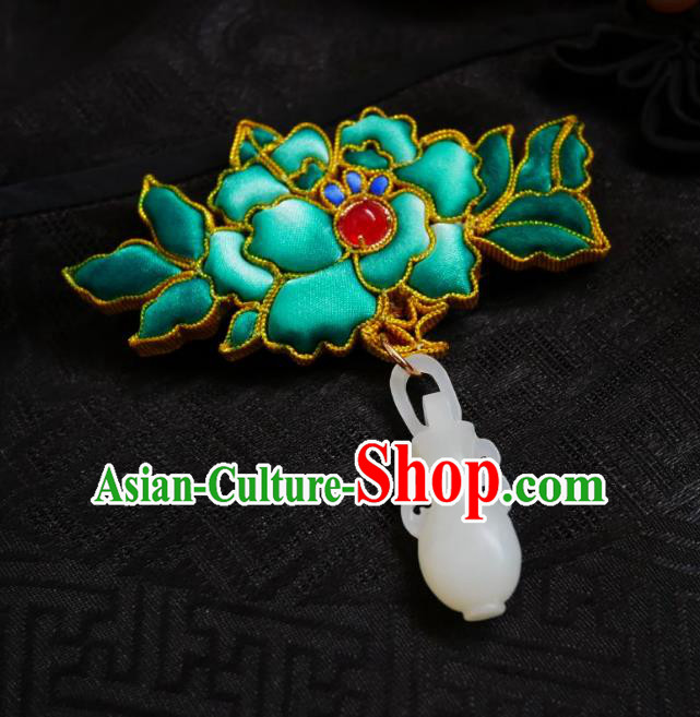 Chinese Classical Cheongsam Green Silk Peony Brooch Traditional Hanfu Accessories Handmade Jade Vase Breastpin Pendant for Women