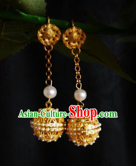 Chinese Handmade Golden Sachet Earrings Traditional Hanfu Ear Jewelry Accessories Pearls Eardrop for Women