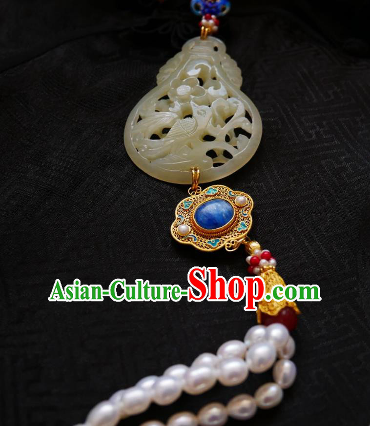 Chinese Classical Cheongsam Jade Cucurbit Brooch Traditional Hanfu Accessories Handmade Breastpin Pearls Tassel Pendant for Women