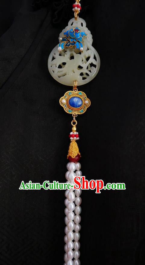 Chinese Classical Cheongsam Jade Cucurbit Brooch Traditional Hanfu Accessories Handmade Breastpin Blue Peony Pearls Tassel Pendant for Women