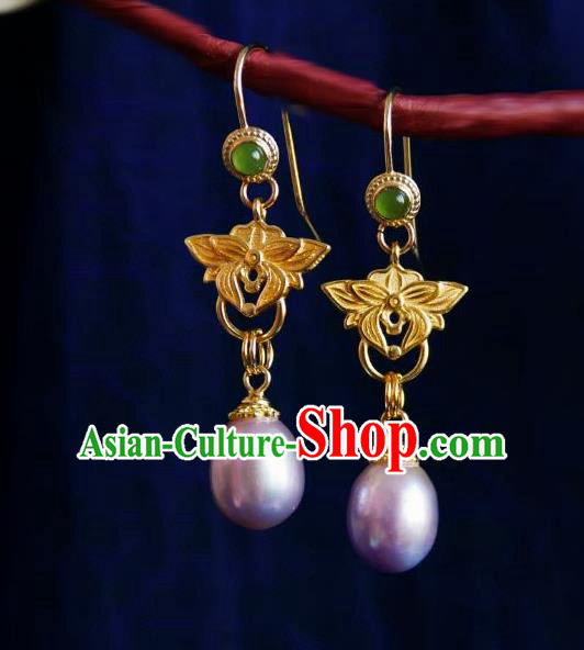 Chinese Handmade Golden Earrings Traditional Hanfu Ear Jewelry Accessories Ancient Princess Pearl Eardrop for Women