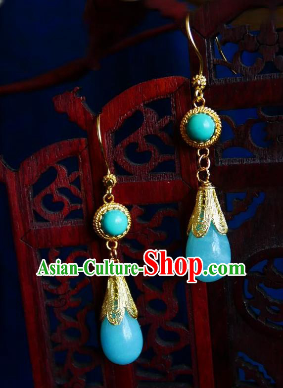 Chinese Handmade Blue Stone Earrings Traditional Hanfu Ear Jewelry Accessories Ancient Princess Eardrop for Women