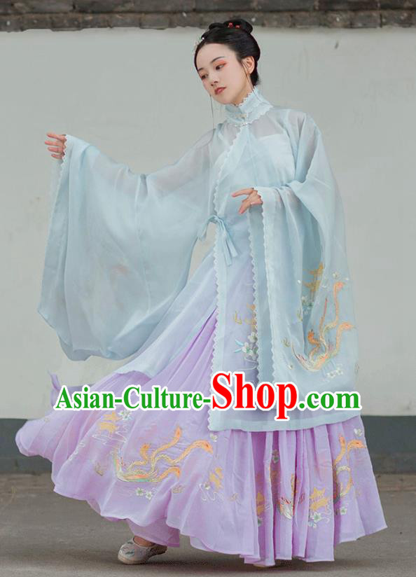 Chinese Ancient Ming Dynasty Young Lady Hanfu Garment Traditional Embroidered Costumes Blue Blouse and Pleated Skirt for Women