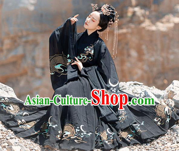 Chinese Ancient Jin Dynasty Palace Lady Black Garment Traditional Royal Princess Embroidered Hanfu Costumes Cloak Blouse and Pleated Skirt Full Set