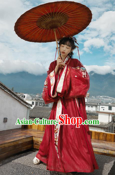 Chinese Jin Dynasty Wedding Garment Traditional Ancient Royal Princess Hanfu Costumes Embroidered Red Blouse and Skirt Full Set