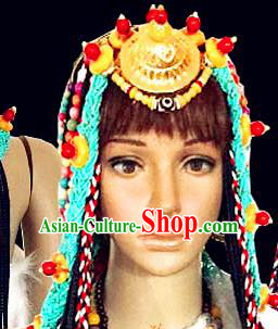 Chinese Traditional Tibetan Nationality Folk Dance Blue Sennit Hair Accessories Decoration Handmade Zang Ethnic Stage Show Golden Headdress for Women