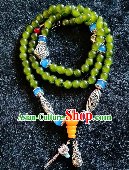 Handmade Chinese Traditional Tibetan Nationality Green Beads Bracelet Accessories Decoration Zang Ethnic Multi Layer Bangle for Women