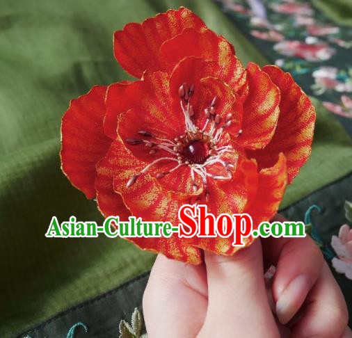 Handmade Chinese Red Silk Flower Hairpins Traditional Hanfu Hair Accessories Ancient Song Dynasty Court Hair Clip for Women