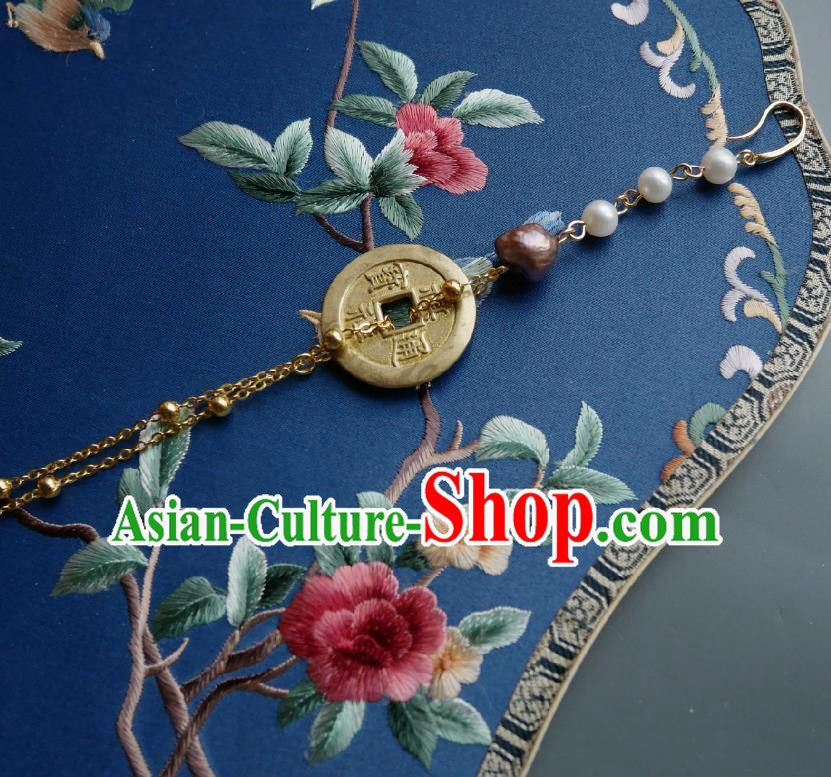 Chinese Classical Cheongsam Copper Cash Brooch Traditional Hanfu Accessories Handmade Pearls Tassel Breastpin Pendant for Women