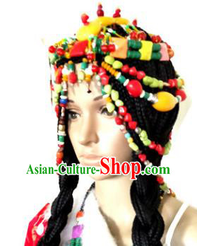 Chinese Traditional Tibetan Nationality Colorful Beads Hair Clasp Decoration Handmade Zang Ethnic Stage Show Headdress Tassel Hair Accessories for Women