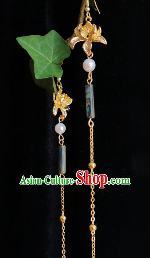 Chinese Handmade Golden Lotus Earrings Traditional Hanfu Ear Jewelry Accessories Tassel Eardrop for Women