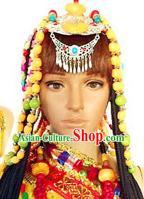 Chinese Traditional Tibetan Nationality Young Lady Hair Clasp Decoration Handmade Zang Ethnic Headdress Beads Tassel Hair Accessories for Women