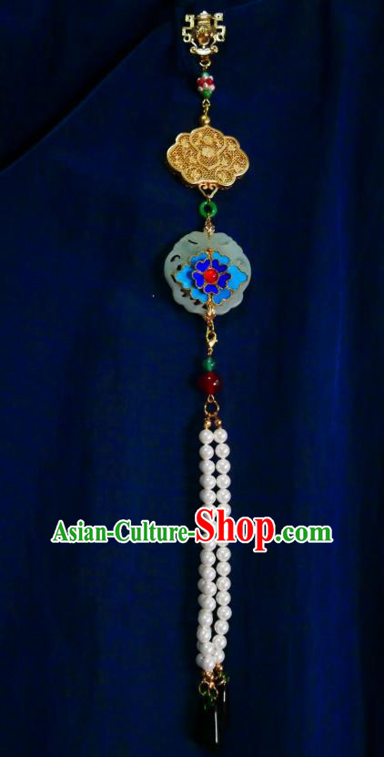 Chinese Classical Jade Brooch Traditional Hanfu Cheongsam Accessories Handmade Cloisonne Flower Tassel Breastpin Pendant for Women