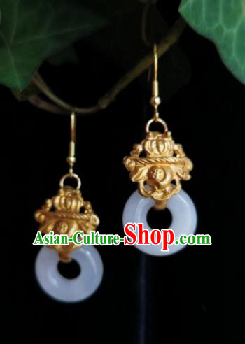 Chinese Handmade Qing Dynasty White Jade Ring Ring Earrings Traditional Hanfu Ear Jewelry Accessories Classical Court Golden Eardrop for Women