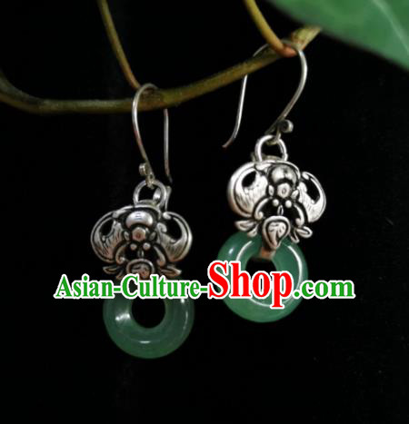 Chinese Handmade Qing Dynasty Green Jade Ring Ring Earrings Traditional Hanfu Ear Jewelry Accessories Classical Court Silver Carving Bat Eardrop for Women