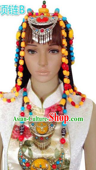 Chinese Traditional Tibetan Nationality Folk Dance Hair Clasp Decoration Handmade Zang Ethnic Headdress Hair Accessories and Necklace for Women