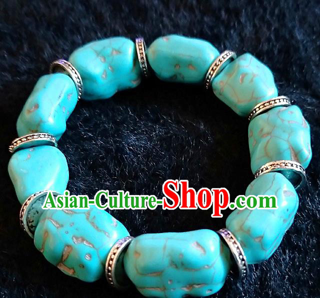 Handmade Chinese Traditional Tibetan Nationality Blue Bracelet Accessories Decoration Zang Ethnic Stage Show Bangle for Women