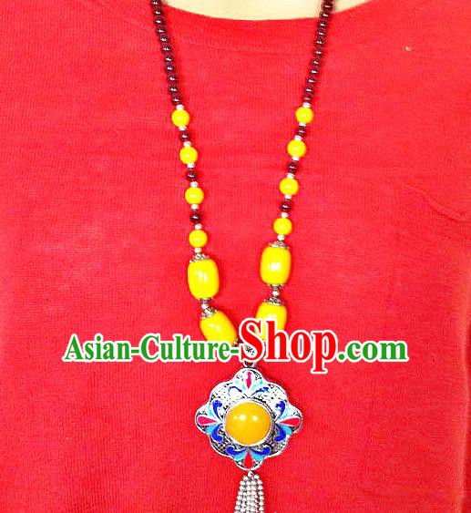 Chinese Handmade Zang Nationality Yellow Beads Necklet Decoration Traditional Tibetan Ethnic Necklace Folk Dance Cloisonne Accessories for Women