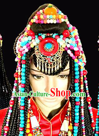 Chinese Traditional Tibetan Nationality Colorful Beads Hair Clasp Decoration Handmade Zang Ethnic Headdress Bride Tassel Hair Accessories for Women