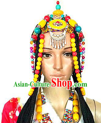 Chinese Traditional Tibetan Nationality Bride Hair Clasp Decoration Handmade Zang Ethnic Headdress Stage Show Tassel Frontlet Hair Accessories for Women