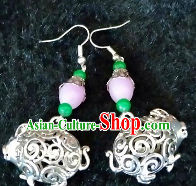 Traditional Chinese Zang Ethnic Carving Pig Earrings Folk Dance Ear Accessories Handmade Tibetan Nationality Eardrop for Women