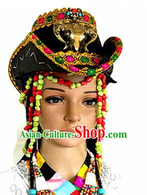 Chinese Traditional Tibetan Nationality Folk Dance Hat Decoration Handmade Zang Ethnic Headdress Stage Show Headwear for Women