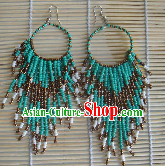 Traditional Chinese Zang Ethnic Green Beads Tassel Earrings Folk Dance Ear Accessories Handmade Tibetan Nationality Eardrop for Women