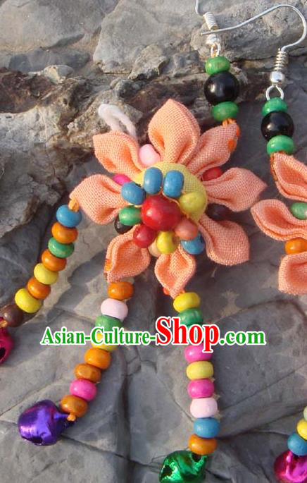 Traditional Chinese Zang Ethnic Orange Flower Earrings Folk Dance Ear Accessories Handmade Tibetan Nationality Colorful Beads Tassel Eardrop for Women