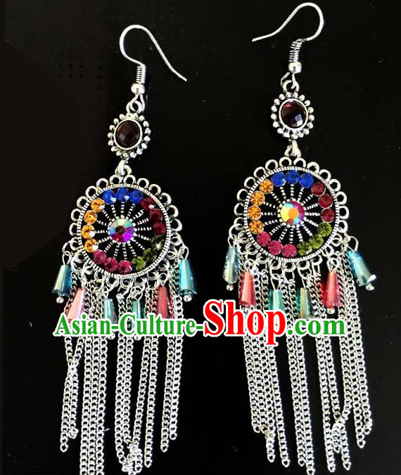 Traditional Chinese Zang Ethnic Colorful Sequins Earrings Folk Dance Ear Accessories Handmade Tibetan Nationality Tassel Eardrop for Women