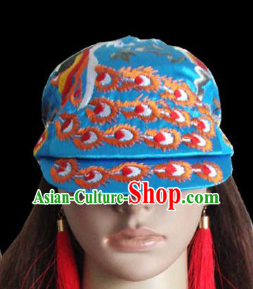 Chinese Traditional Folk Dance Hat Decoration Handmade Ethnic Peacock Dance Headdress Stage Show Embroidered Blue Cap for Women