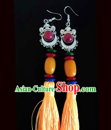 Traditional Chinese Zang Ethnic Folk Dance Yellow Tassel Earrings Exaggerate Ear Accessories Handmade Tibetan Nationality Stage Show Eardrop for Women