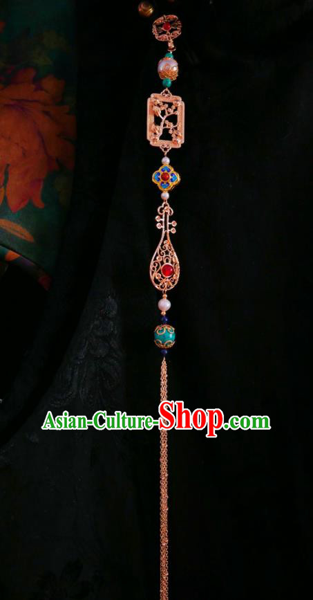 Chinese Classical Carving Plum Brooch Traditional Hanfu Cheongsam Accessories Handmade Golden Lute Tassel Breastpin Pendant for Women