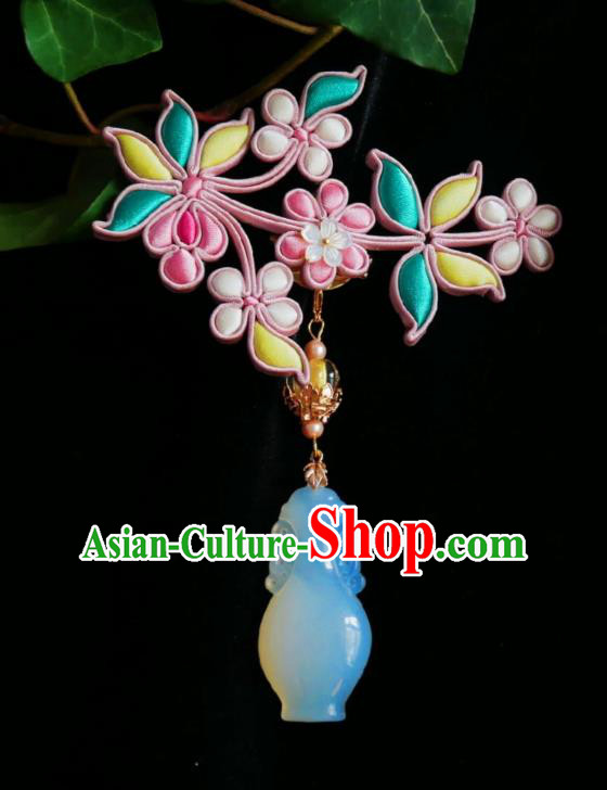 Chinese Classical Pink Silk Plum Brooch Traditional Hanfu Cheongsam Accessories Handmade Jade Vase Breastpin Pendant for Women