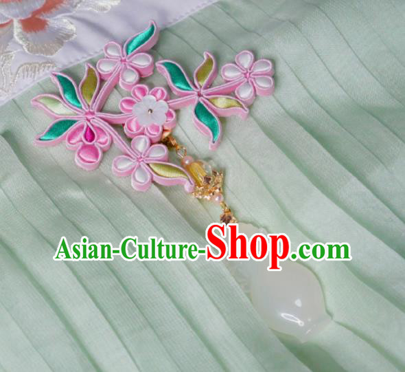 Chinese Classical Pink Silk Flowers Brooch Traditional Hanfu Cheongsam Accessories Handmade White Jade Vase Breastpin Pendant for Women