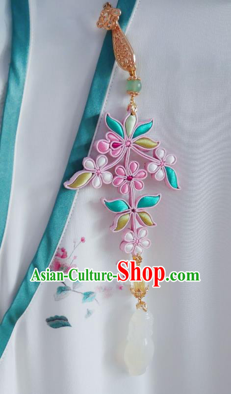 Chinese Classical White Jade Vase Brooch Traditional Hanfu Cheongsam Accessories Handmade Silk Flowers Breastpin Pendant for Women