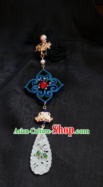 Chinese Classical Jade Carving Brooch Traditional Hanfu Cheongsam Accessories Handmade Silk Breastpin Pendant for Women