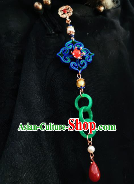 Chinese Classical Blue Silk Brooch Traditional Hanfu Cheongsam Accessories Handmade Jade Rings Tassel Breastpin Pendant for Women