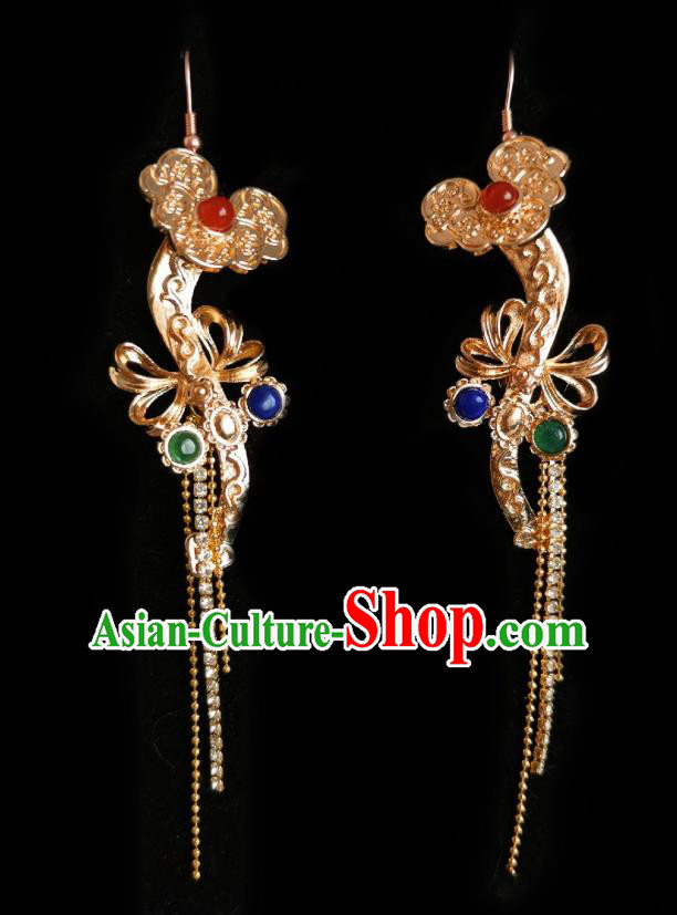 Chinese Handmade Qing Dynasty Court Golden Earrings Traditional Hanfu Ear Jewelry Accessories Classical Crystal Tassel Eardrop for Women